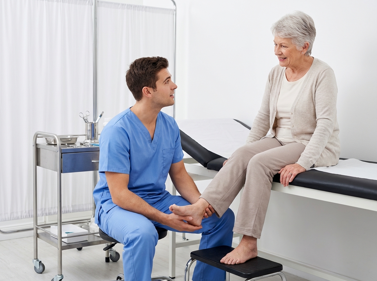 Patient consultation in a podiatry exam room