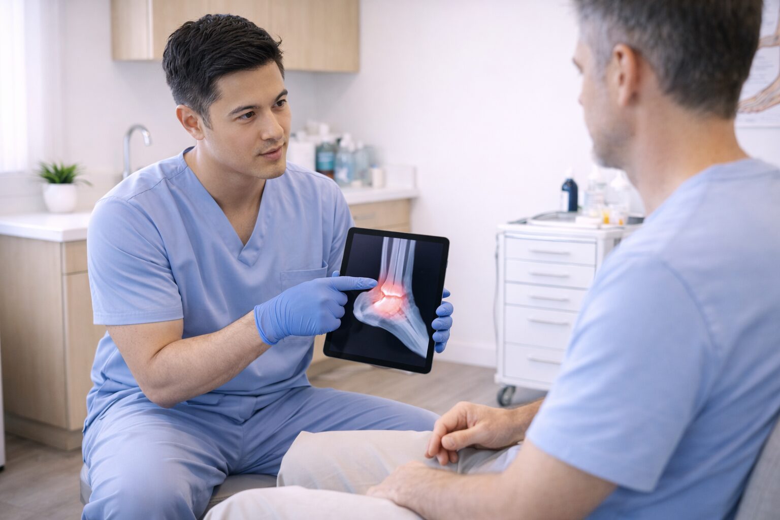 Podiatrist reviewing imaging while discussing surgical options